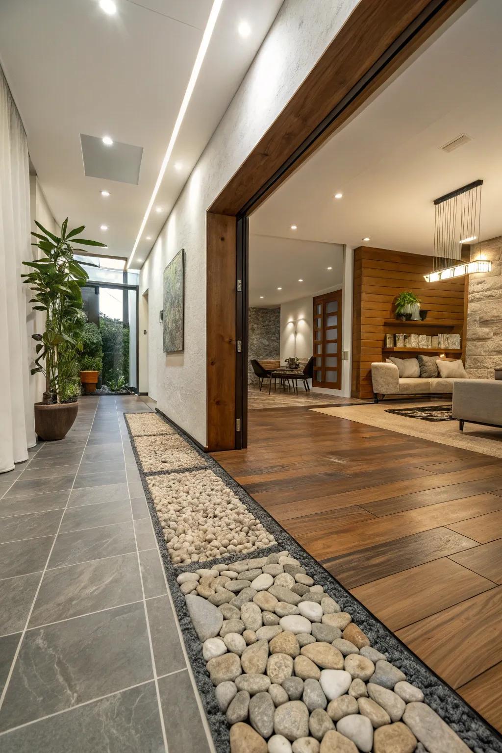 Blending materials like timber, porcelain, and stone injects texture and intrigue to bridges.