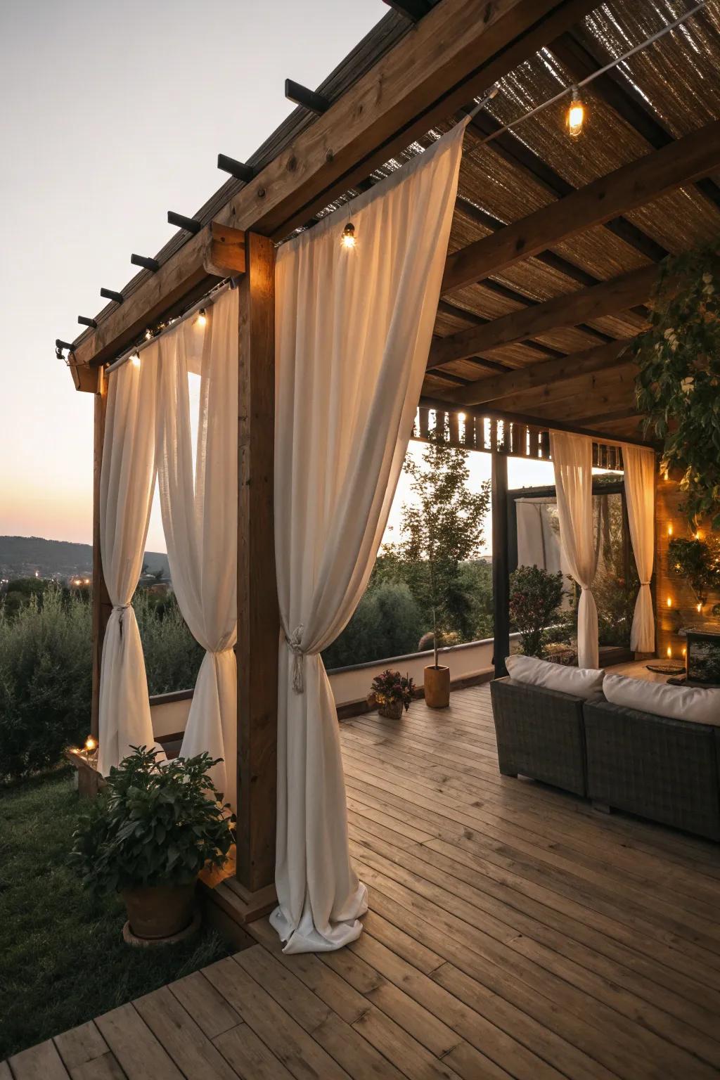 A private patio cover with elegant curtain details.
