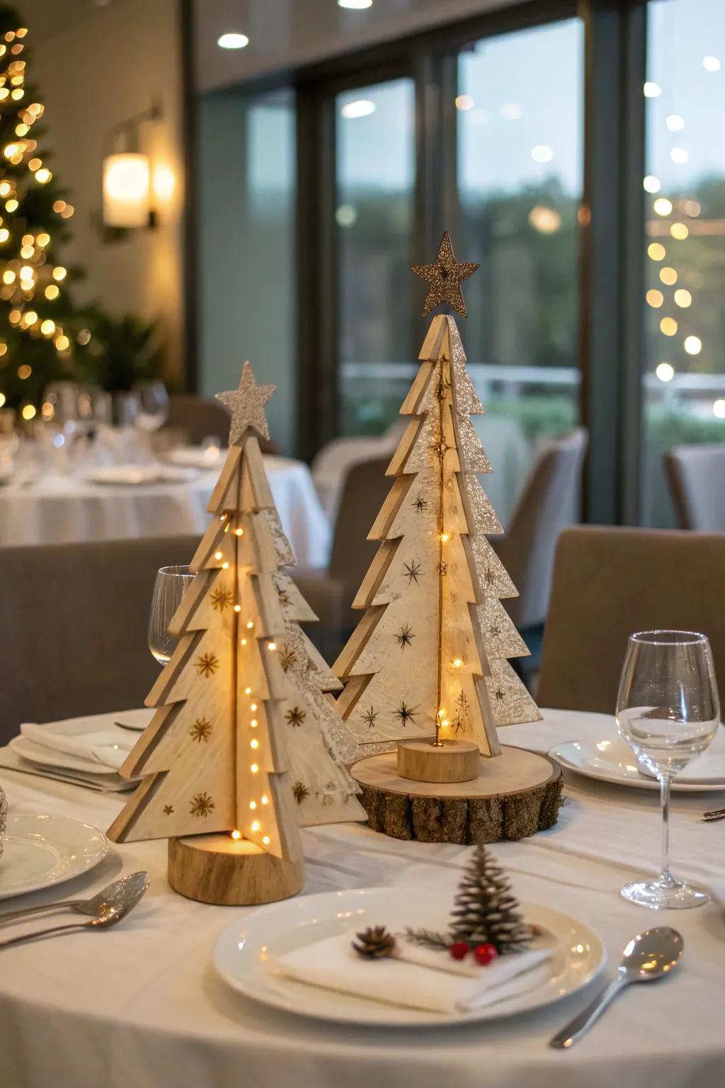 Charming table centerpiece trees that add a touch of Christmas to any meal.