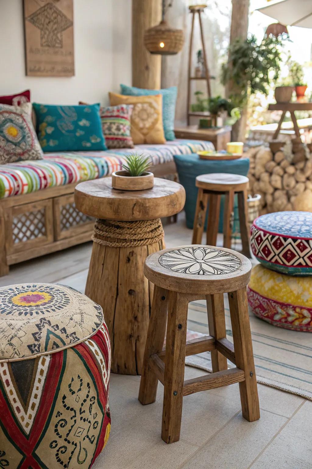 Your space gains personality and charm from varied wood stools.