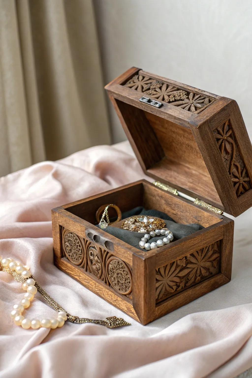 A wooden jewelry case that beautifully holds precious keepsakes.