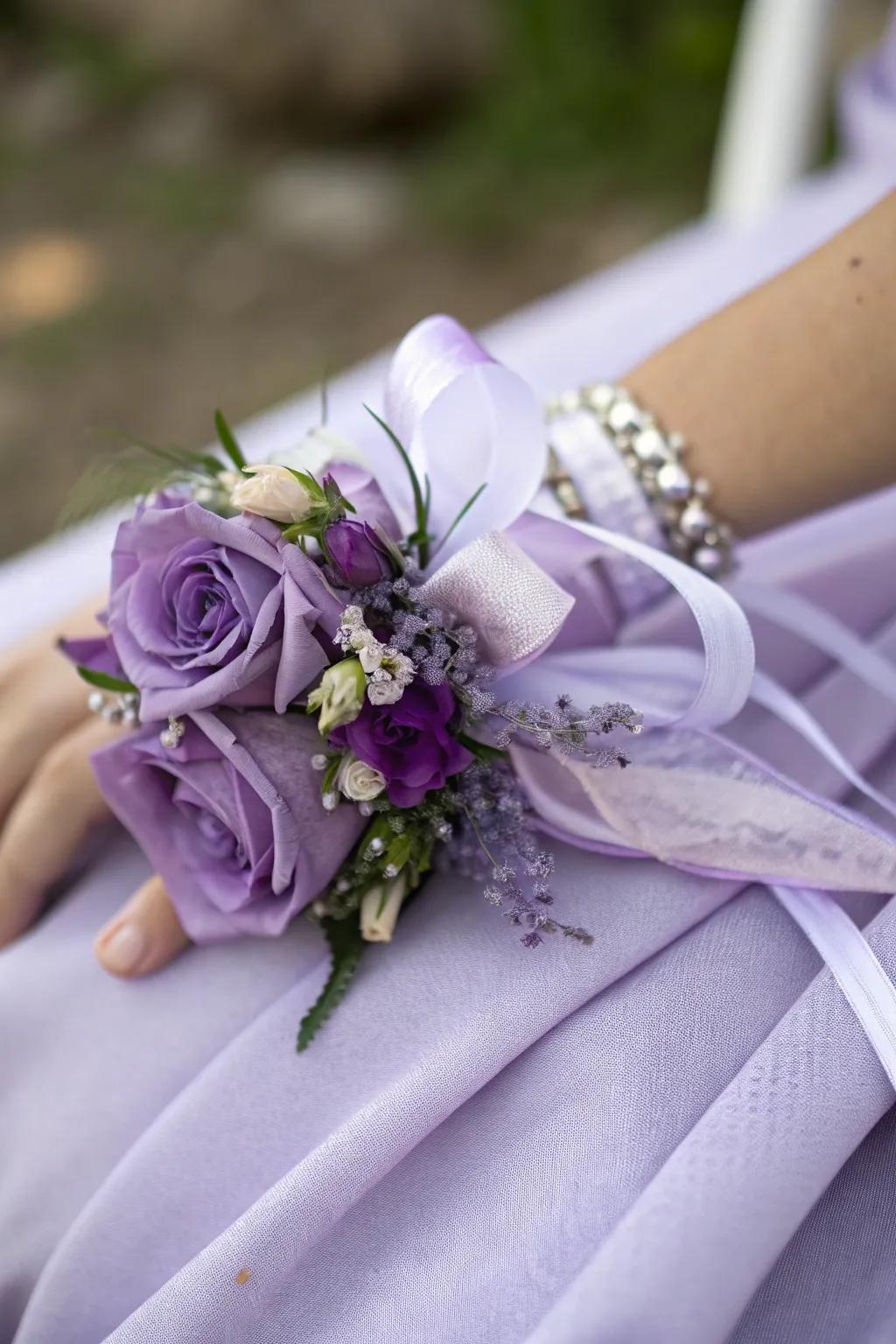 Refined monochromatic wrist adornment in purple tones.