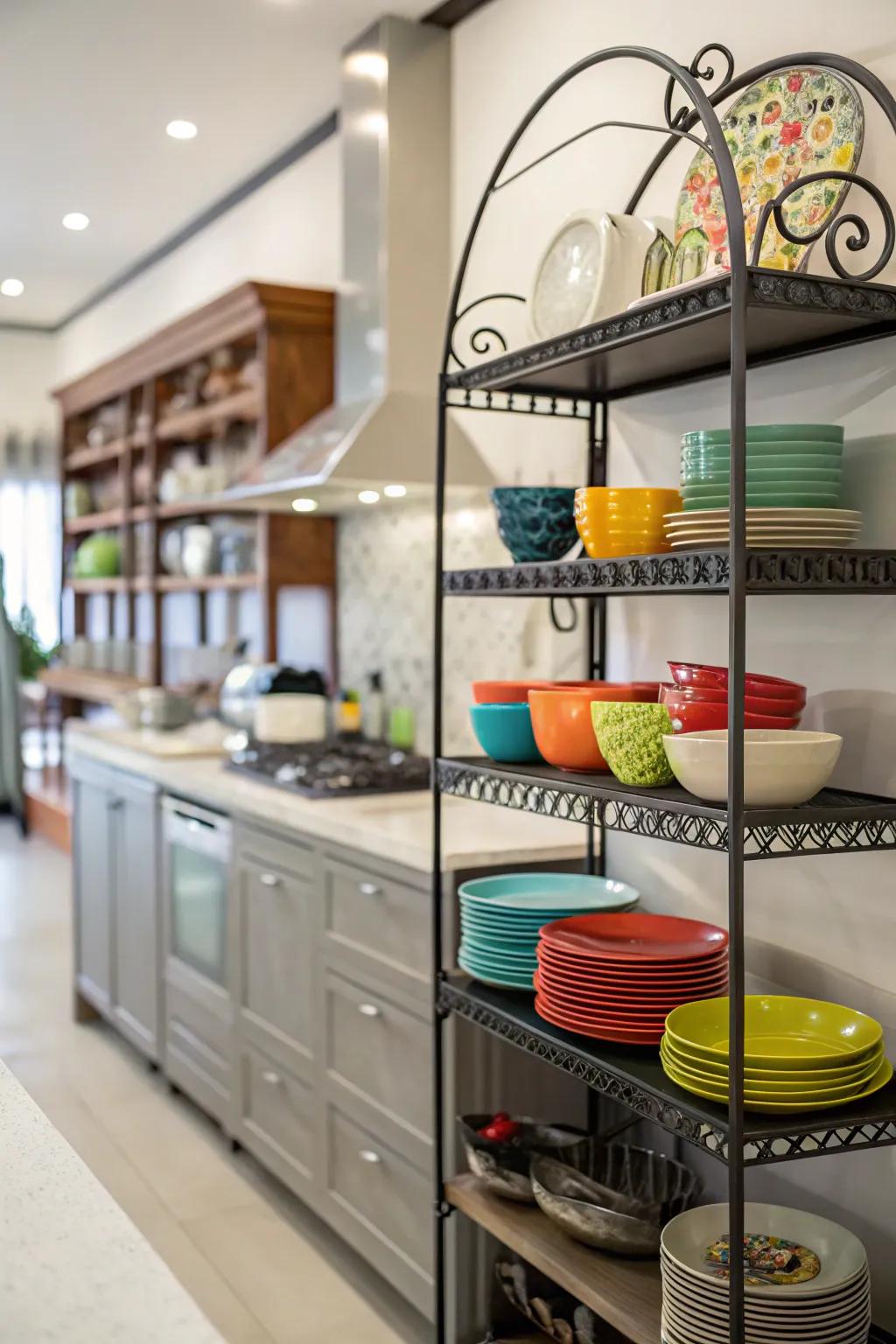 Forged iron shelves combine functionality with style.