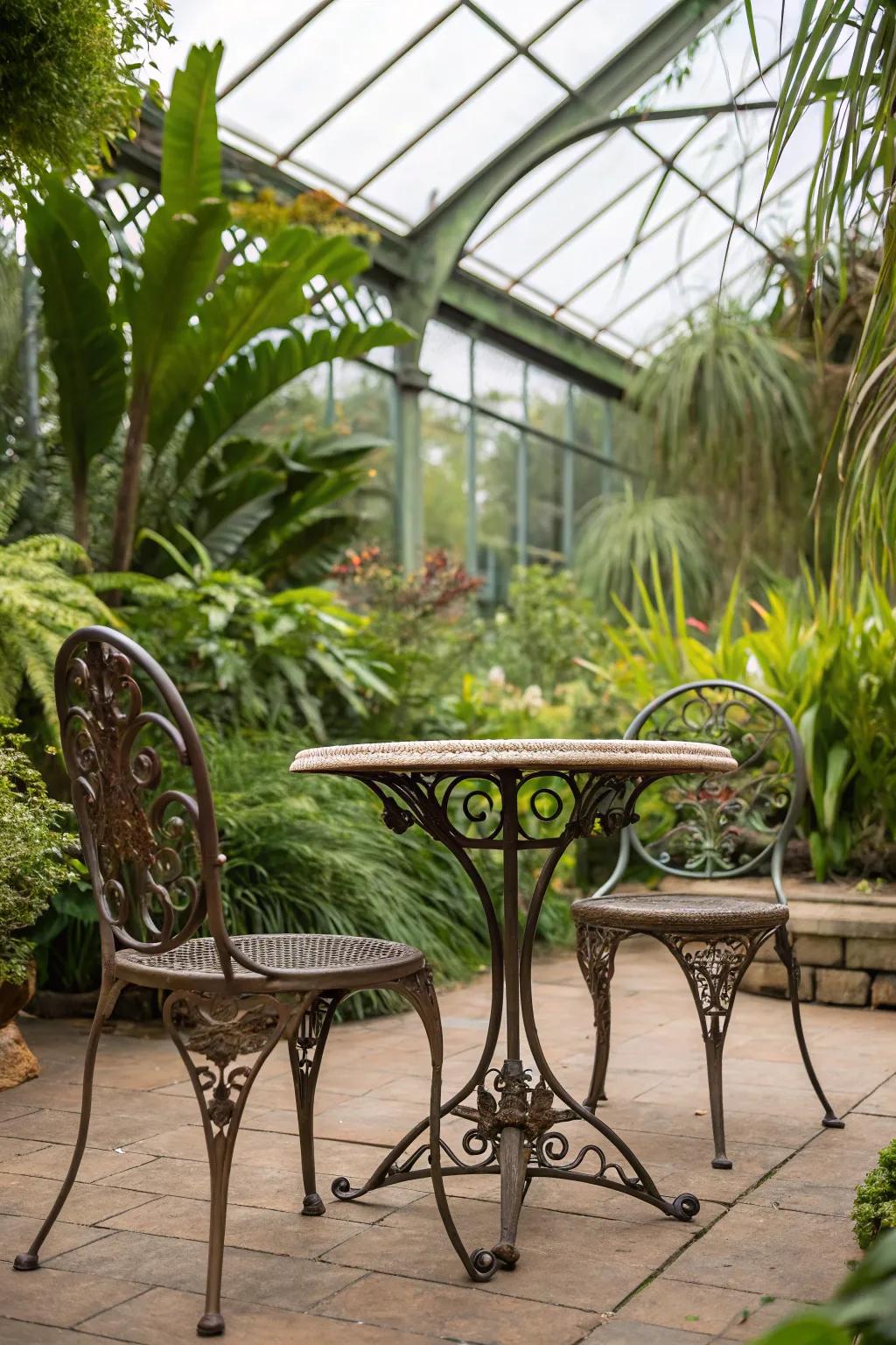 Iron furniture paired with botanical space flora cultivates an exotic retreat.