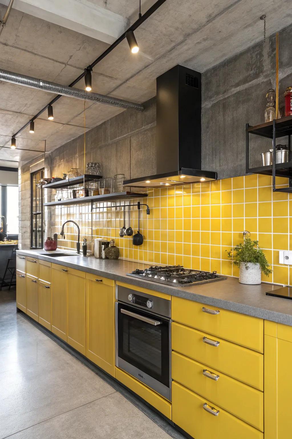 Metallic fixtures provide a sleek contrast to the goldenrod backsplash.