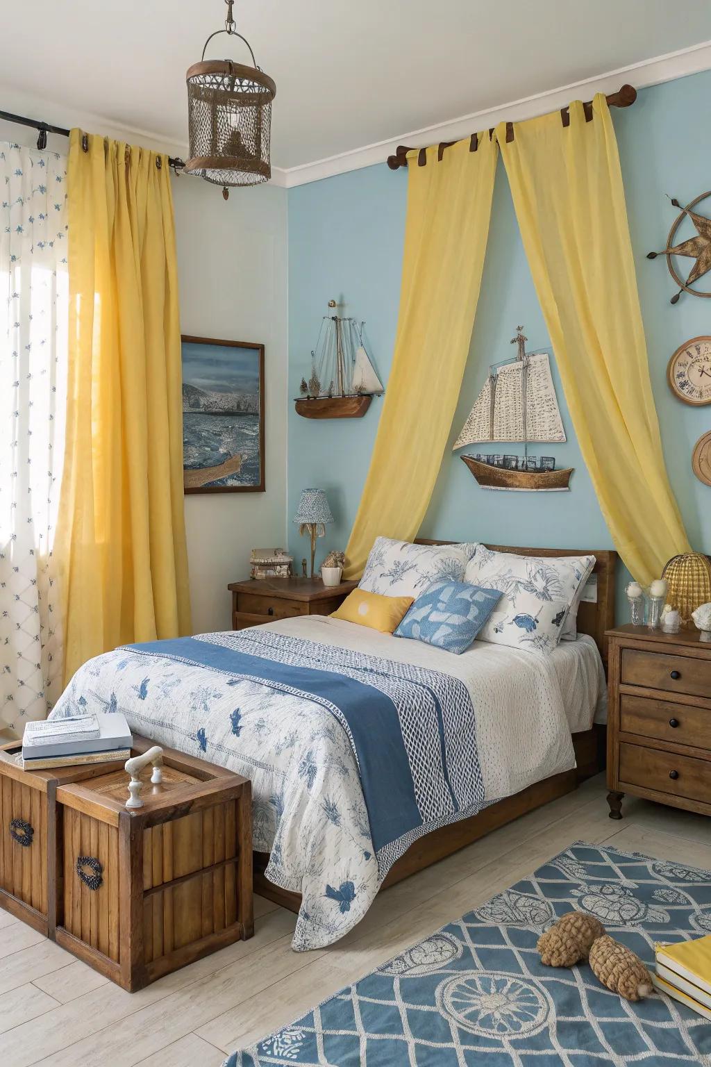 Yellow panels paired alongside ocean-going decor fashion a seaside vibe inside the inner sanctum.