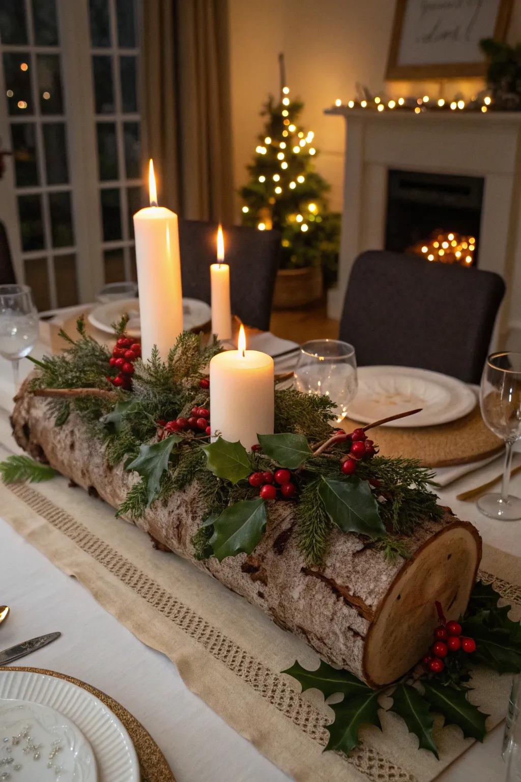 A mesmerizing Yule wood centerpiece for festive get-togethers.