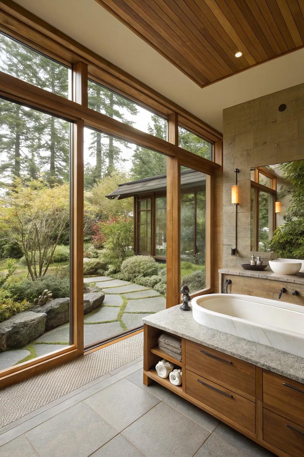 Expansive areas and wide windows lend a feeling of liberation to a zen restroom.