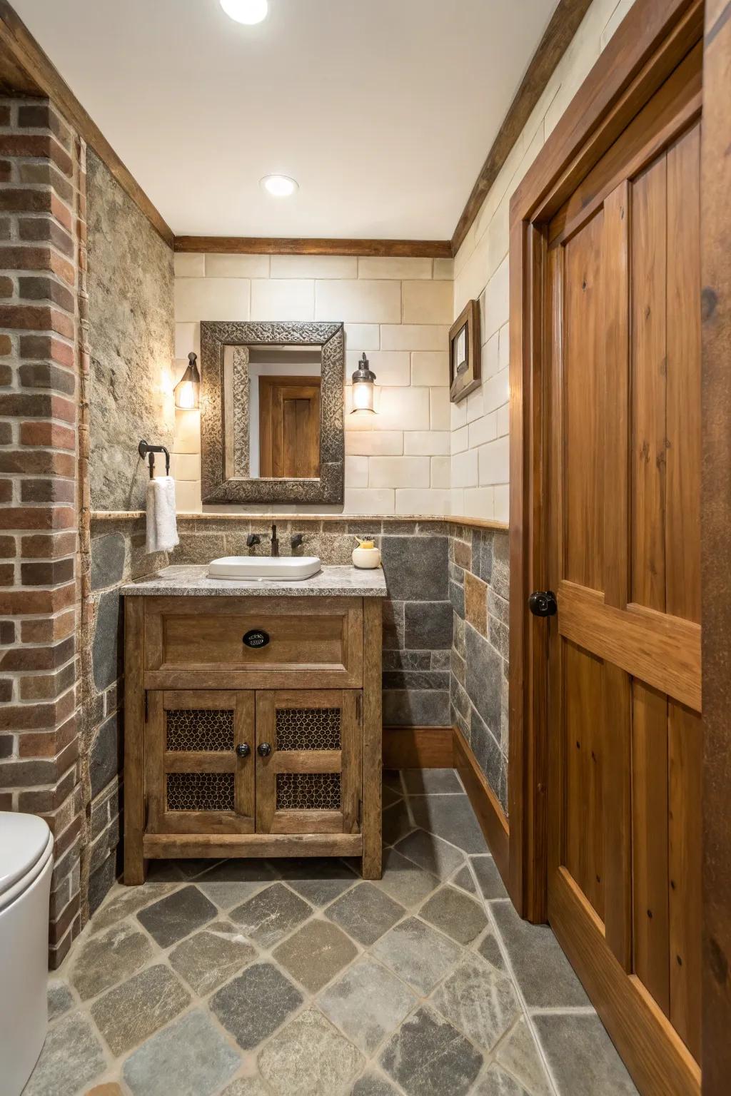 Textures of wood and stone add depth to this half bath.
