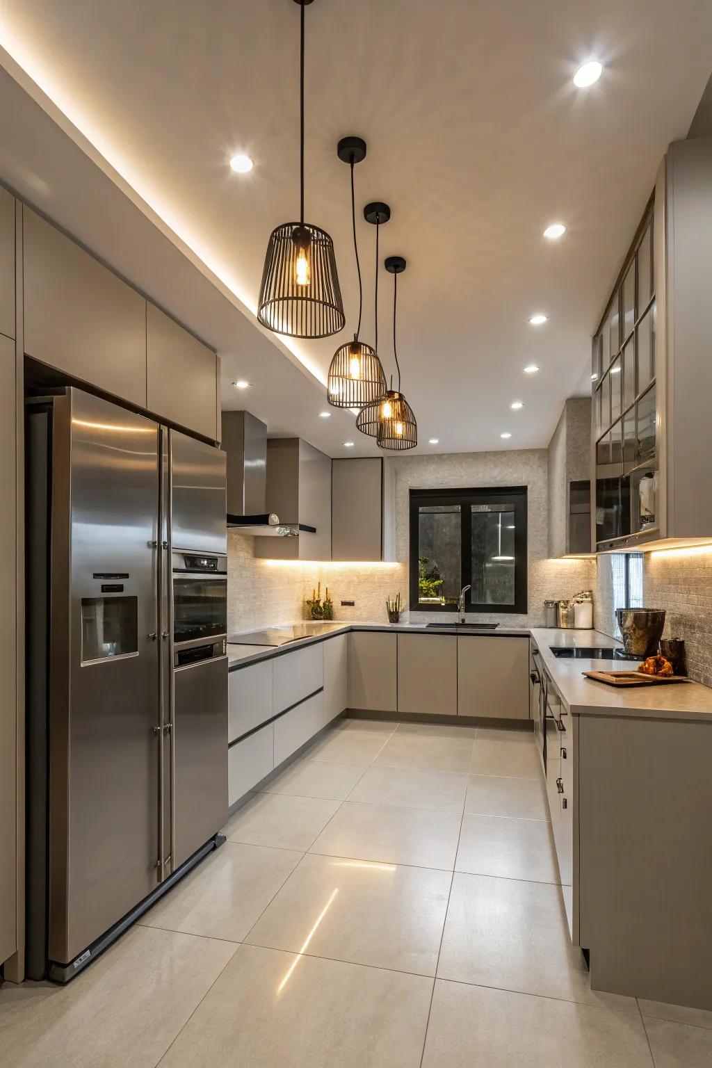 Zoned lighting defines and enriches different kitchen areas.
