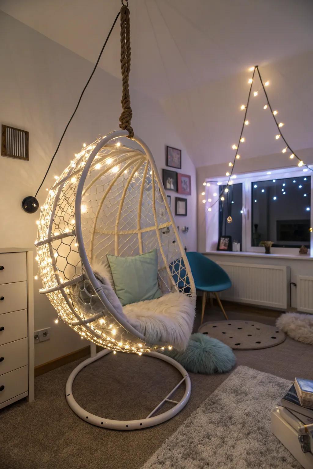 A hanging chair with LED accents provides a stylish seating option.