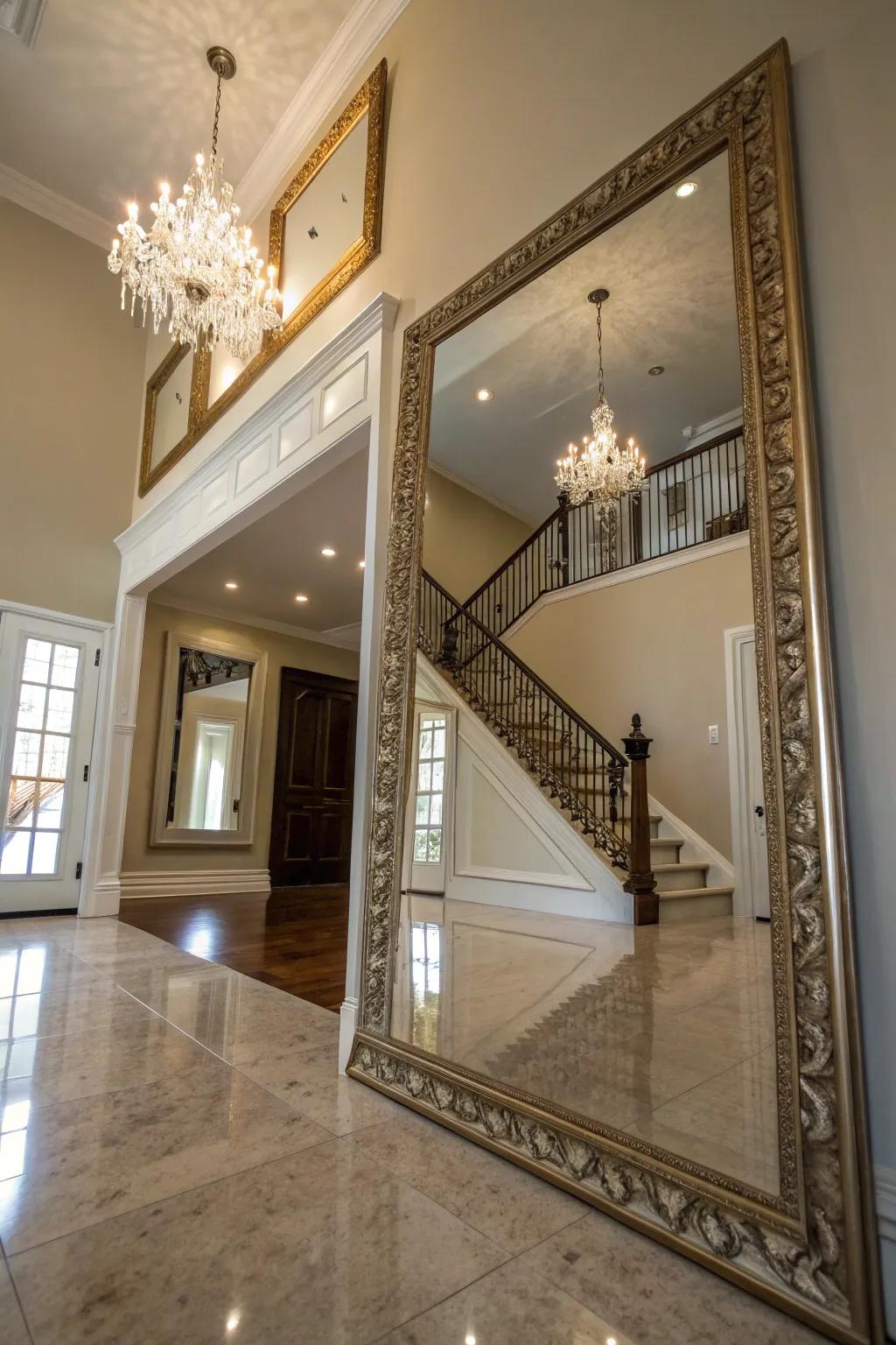 An expansive looking glass amplifies dimension and refracts illumination throughout the entryway.