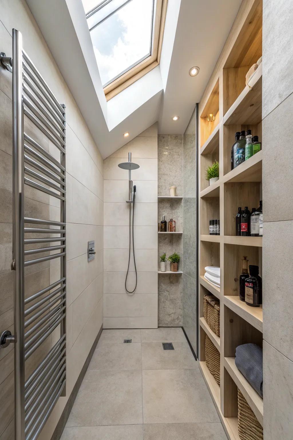 Vertical storage maximizes area sans congestion.