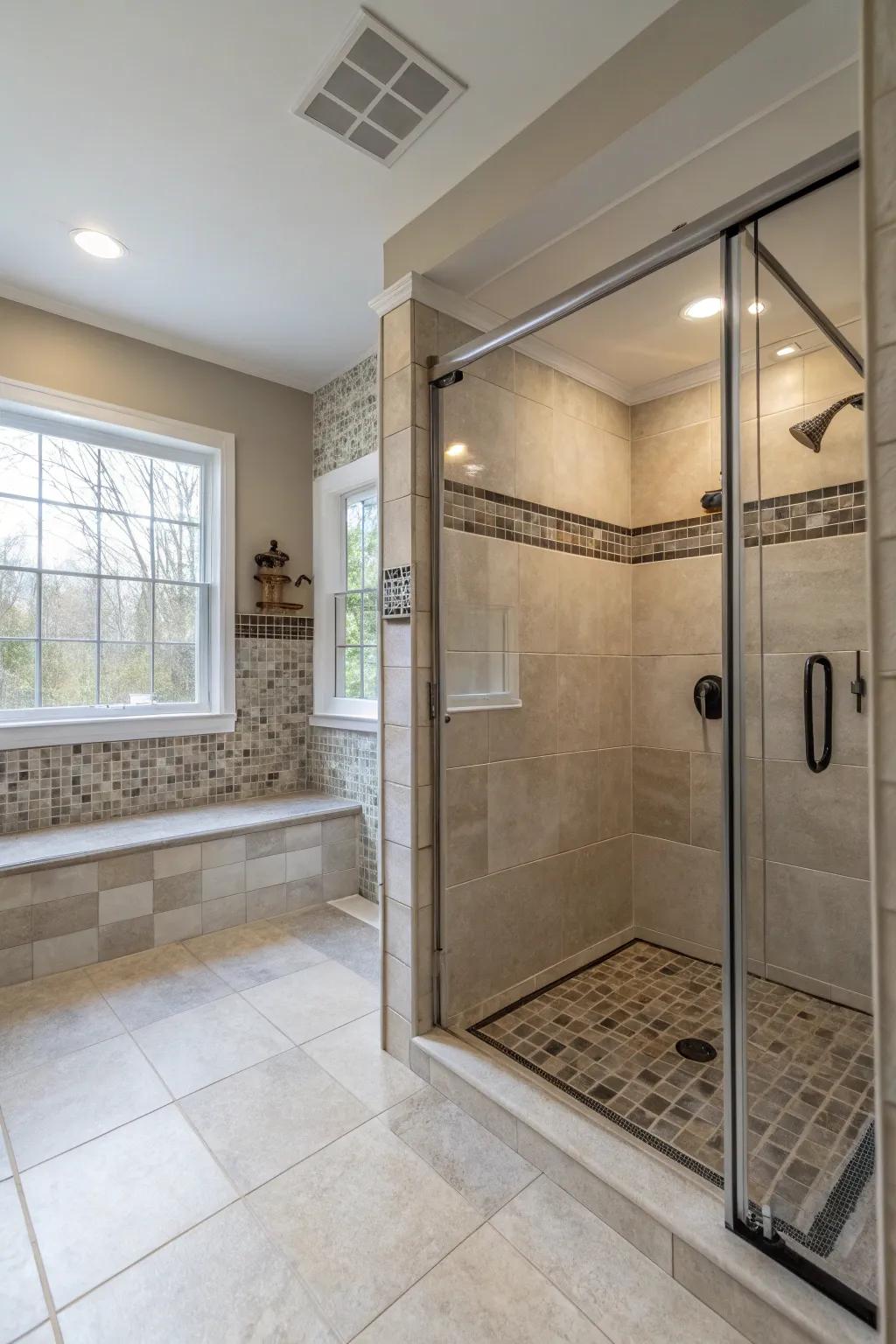 Walk-in showers prioritize accessibility and a smooth design narrative.