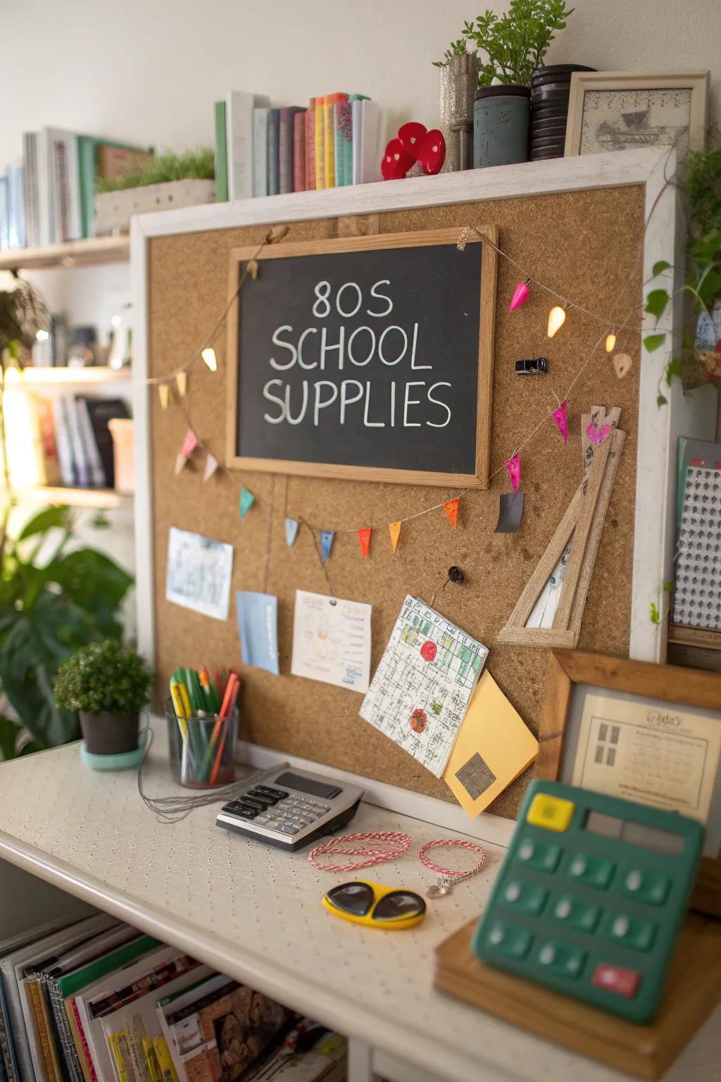 Back-to-school motif featuring 80s educational supplies on a pinboard.