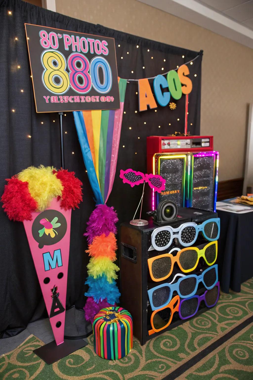 An 80s photo booth captures the fun and memories of your party.