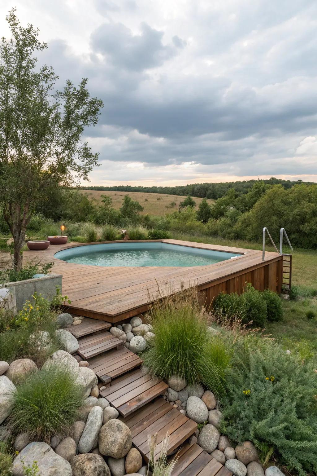 Incorporate timber and plants to blend your deck with nature.
