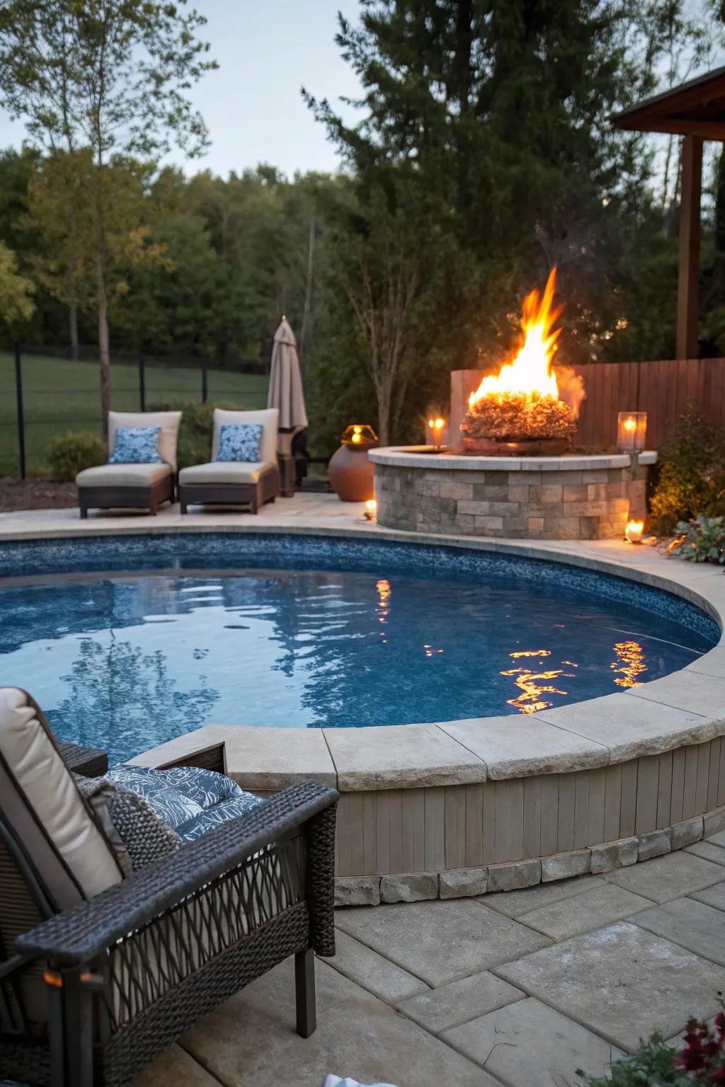 A fire pit adds warmth and a gathering spot to your pool area.