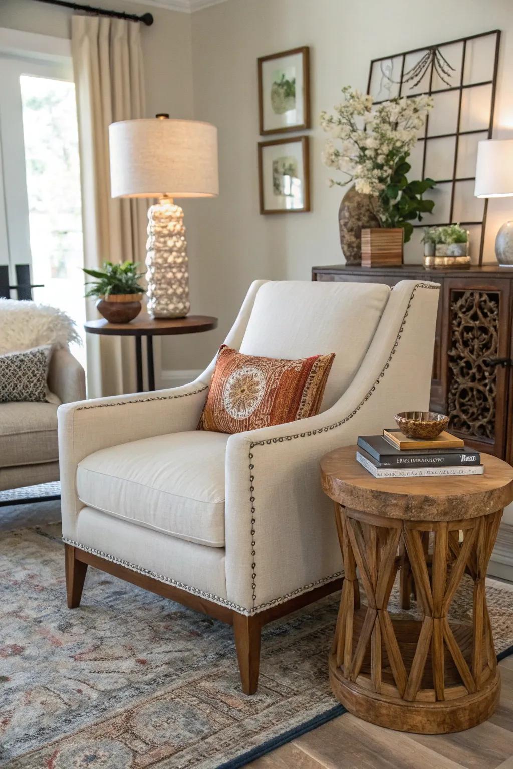 A modern chair paired with rustic decor creates an varied charm.