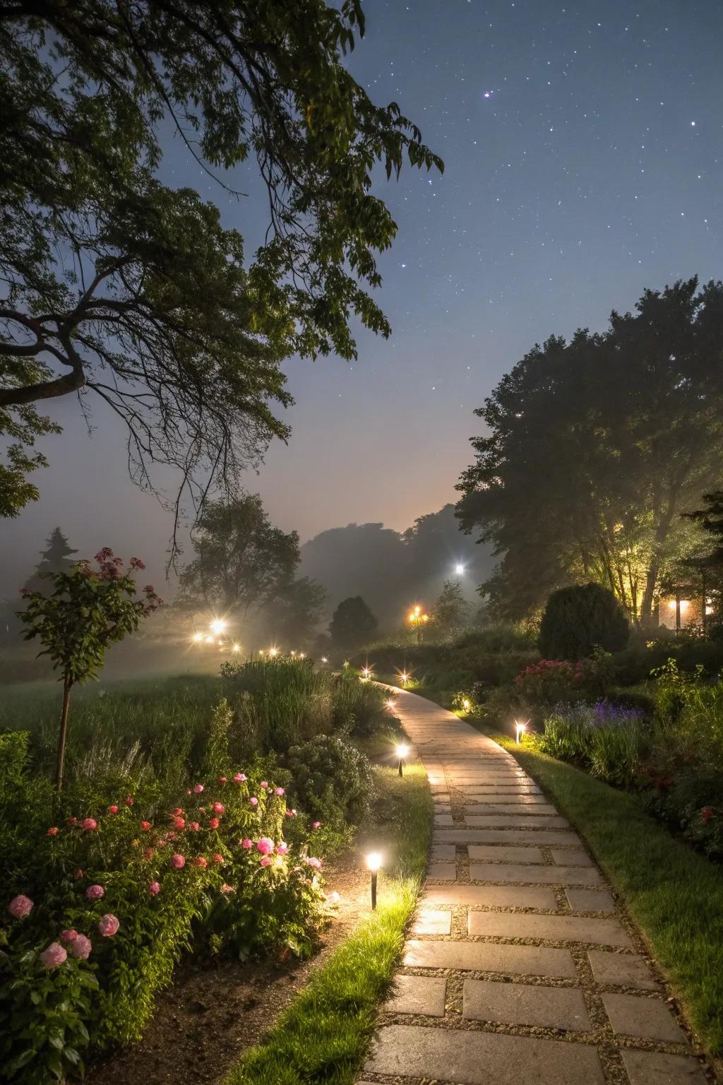 Ground lights highlight garden paths magically.