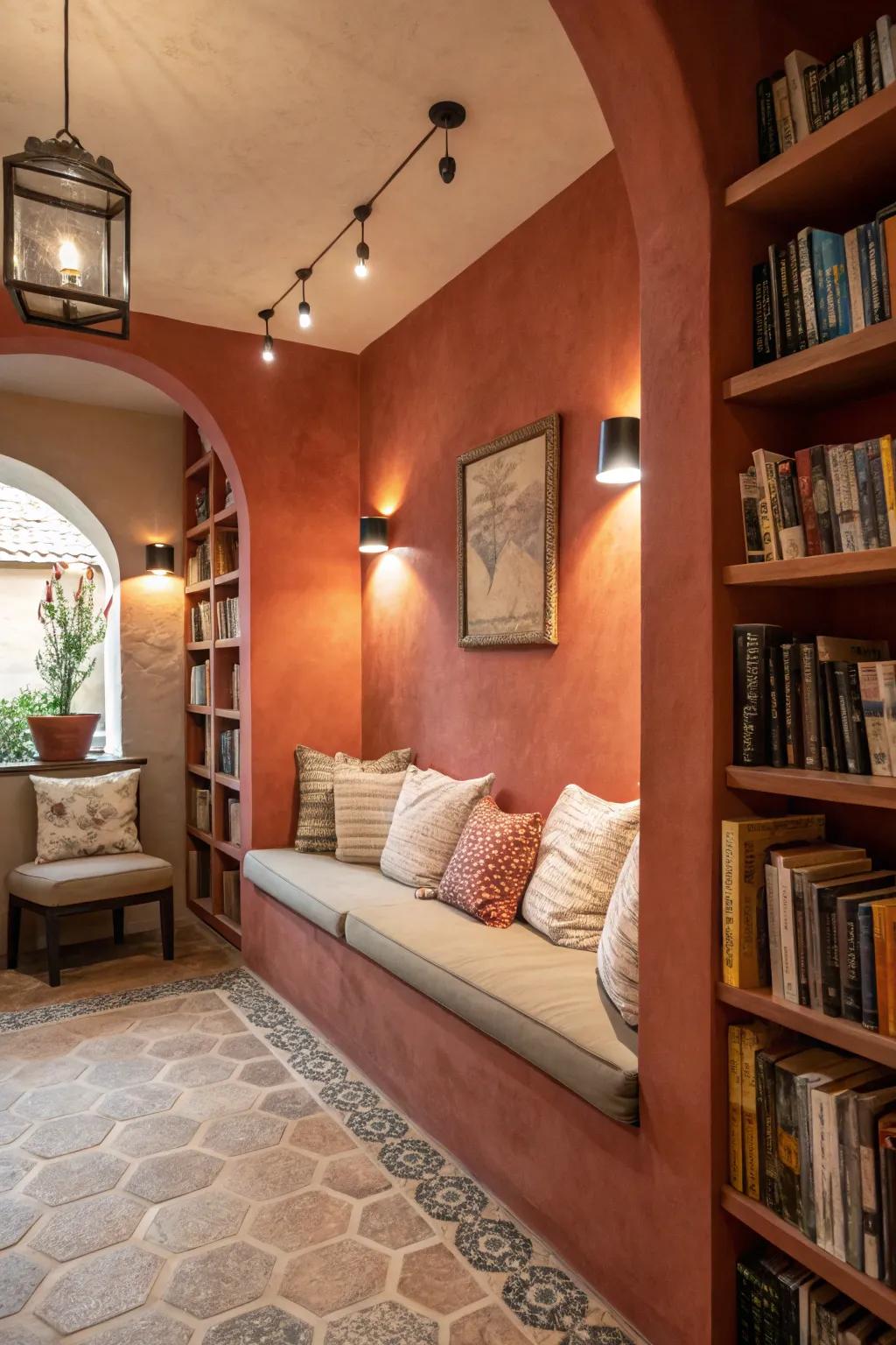 Warm colors create a comfortable corner ideal for reading.