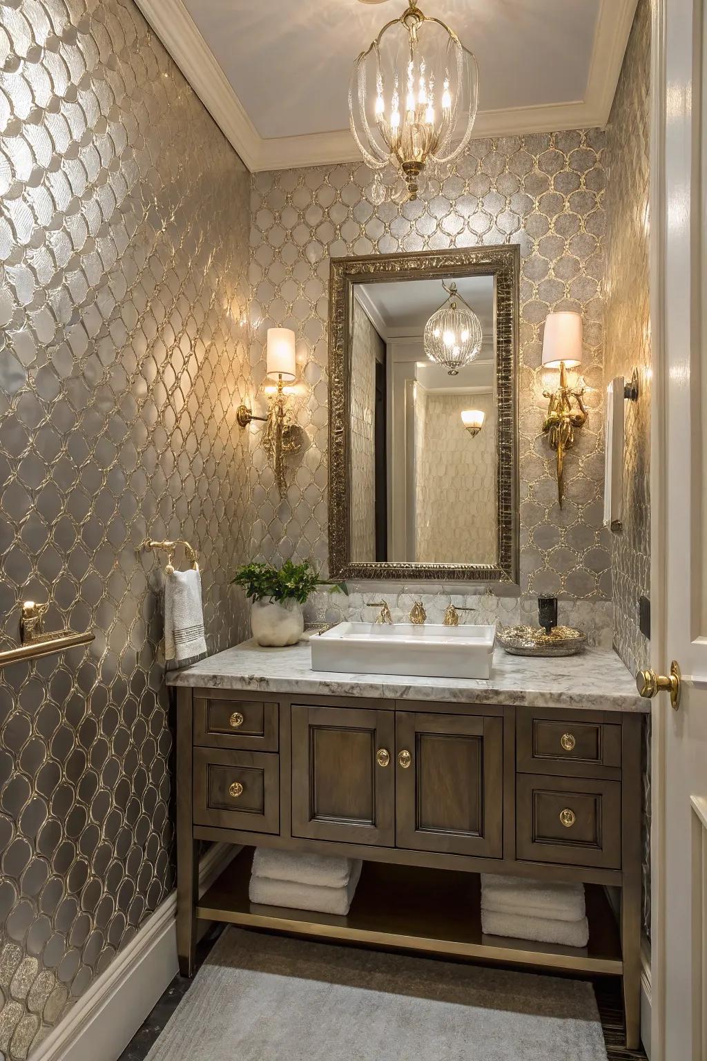 Luxury wallpaper adds class to a small restroom.