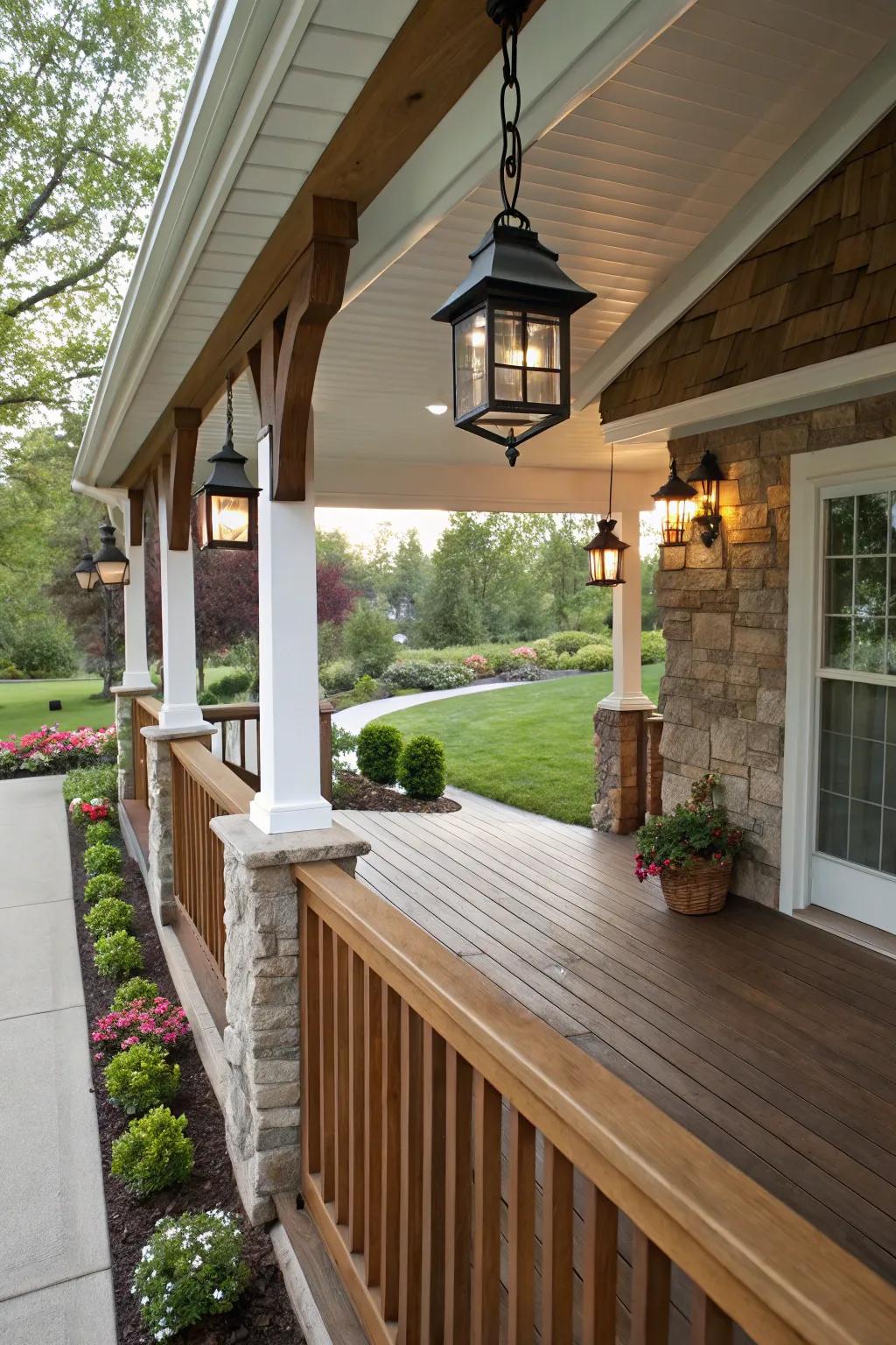 A stylish porch with a protective roof overhang.