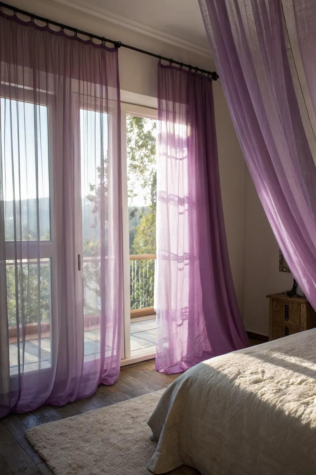 Create a serene atmosphere with purple curtains.