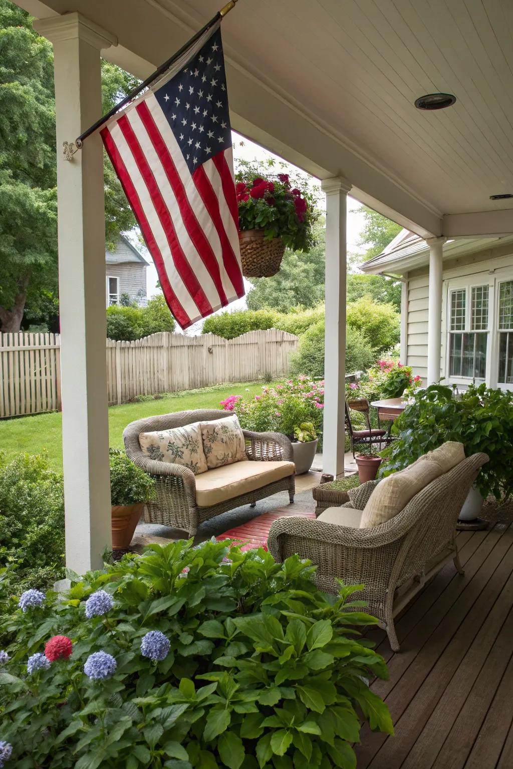 An inviting porch, accented with an American flag waving in the breeze.