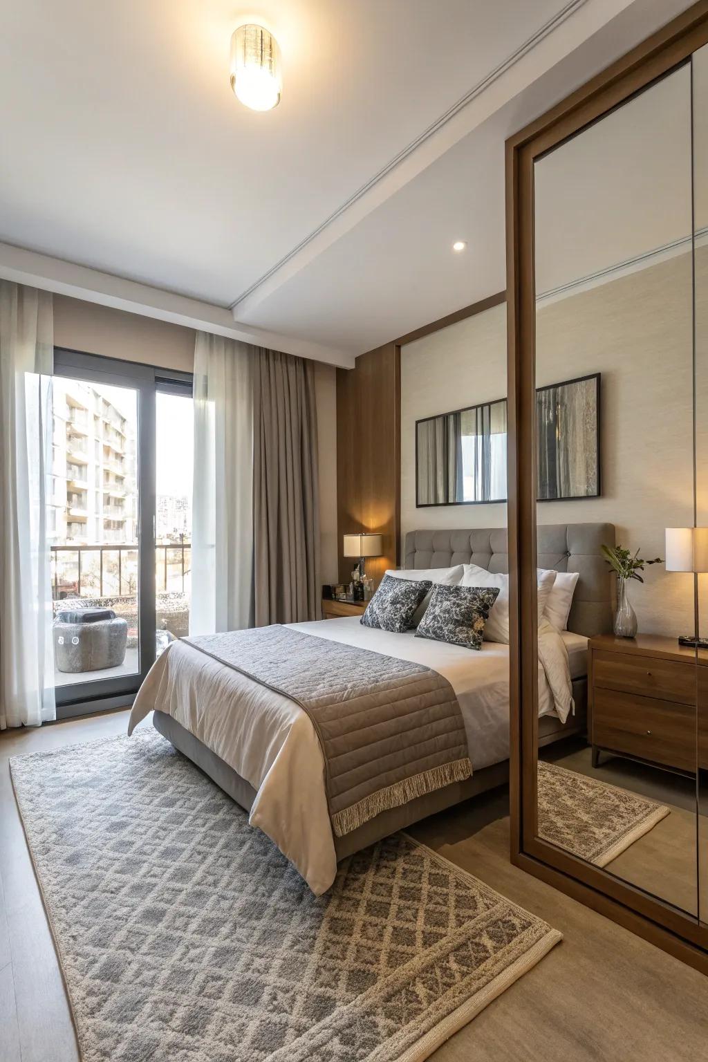 An apartment bedroom with a strategically placed mirror reflecting natural light.