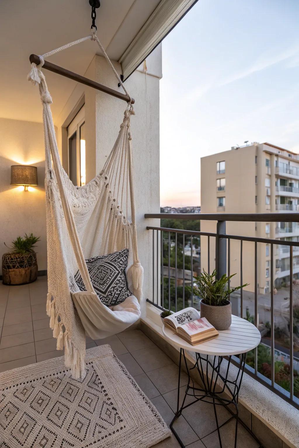 A hammock chair contributes a whimsical element of pure relaxation.