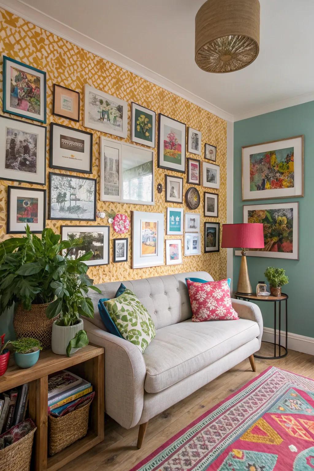 A gallery wall introduces persona and vividness into this compact living room.