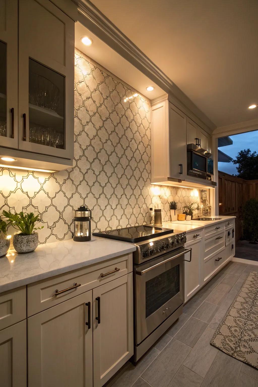 This kitchen uses undercabinet lighting to accentuate the elaborate patterns of the arabesque tile backsplash.