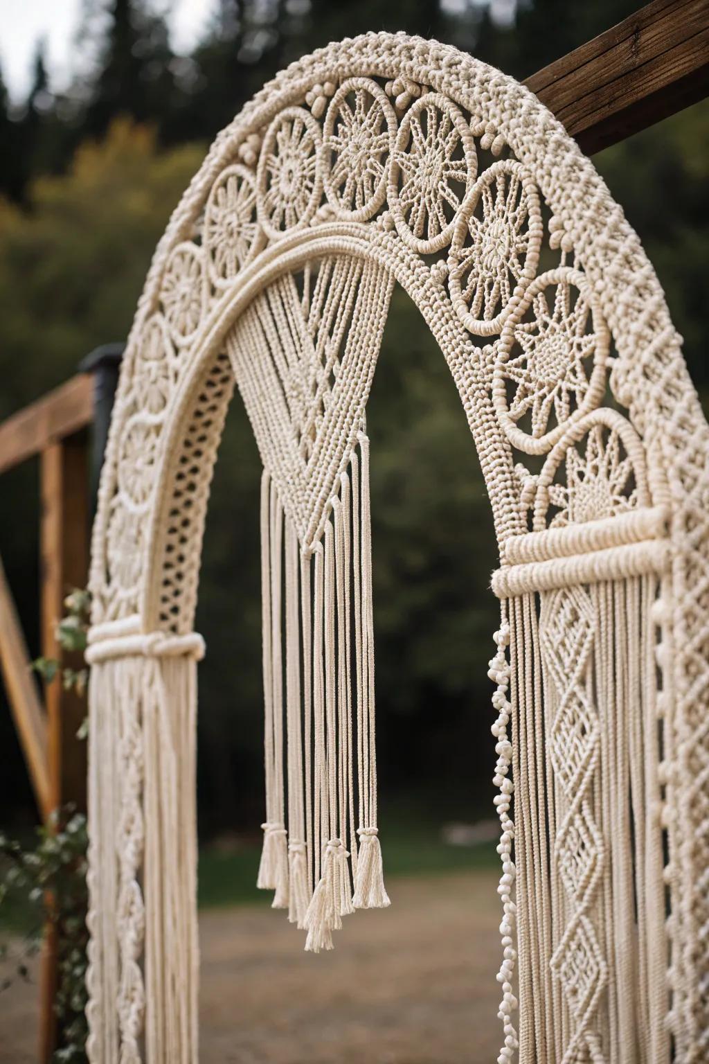 A bohemian arch showcasing intricate macramé draperies for appended surface.