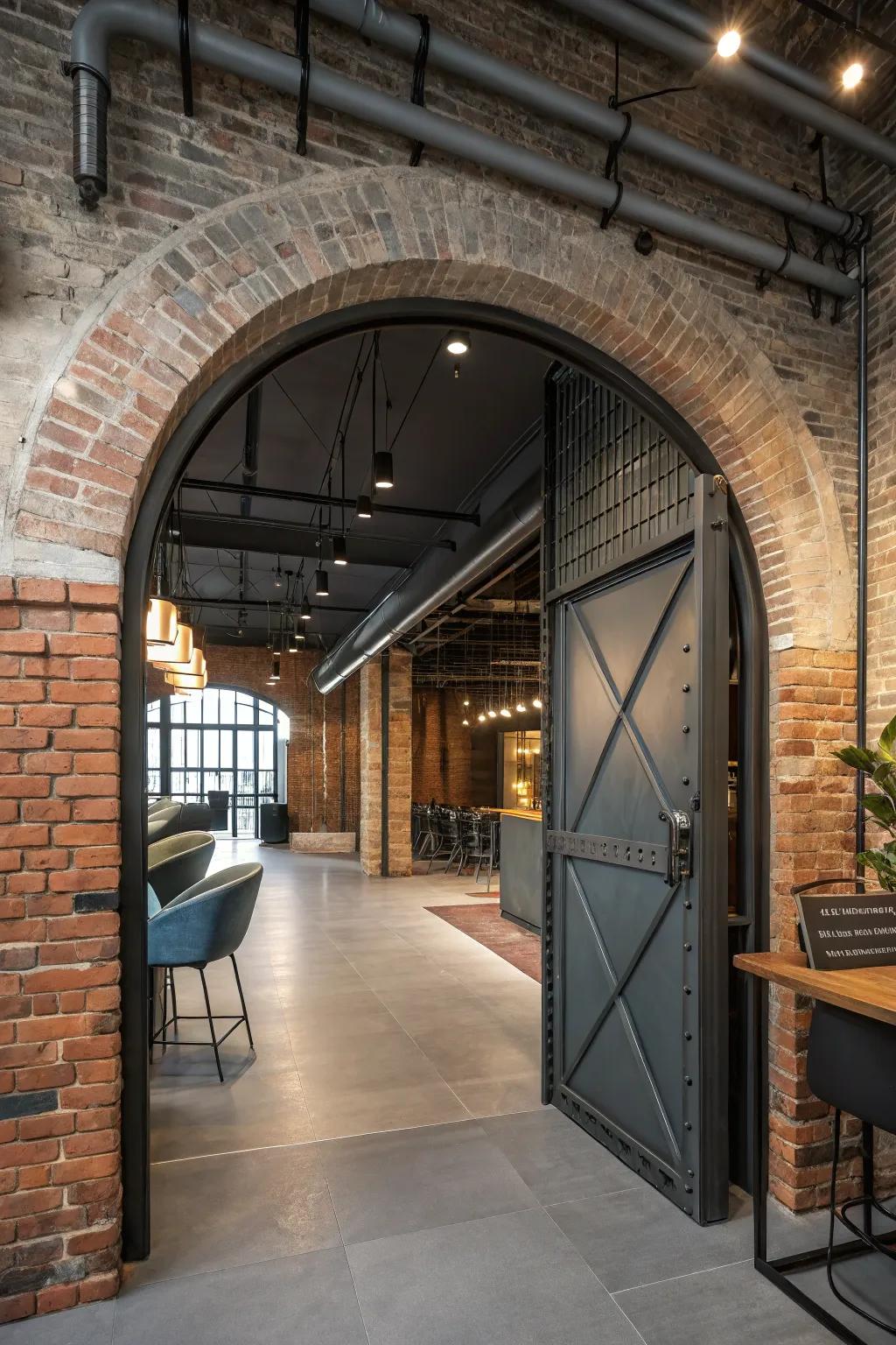 An archway door seamlessly integrated into an industrial chic interior.