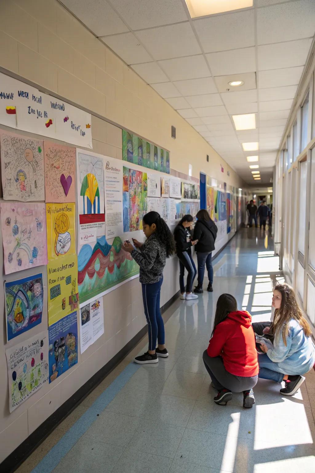 A collaborative mural project on a bulletin board in a school hallway.