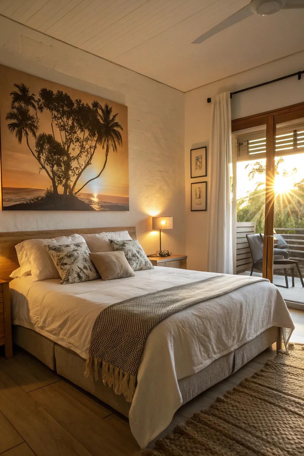 A sunrise silhouette painting infuses warmth and a serene mood into this sleeping quarters.