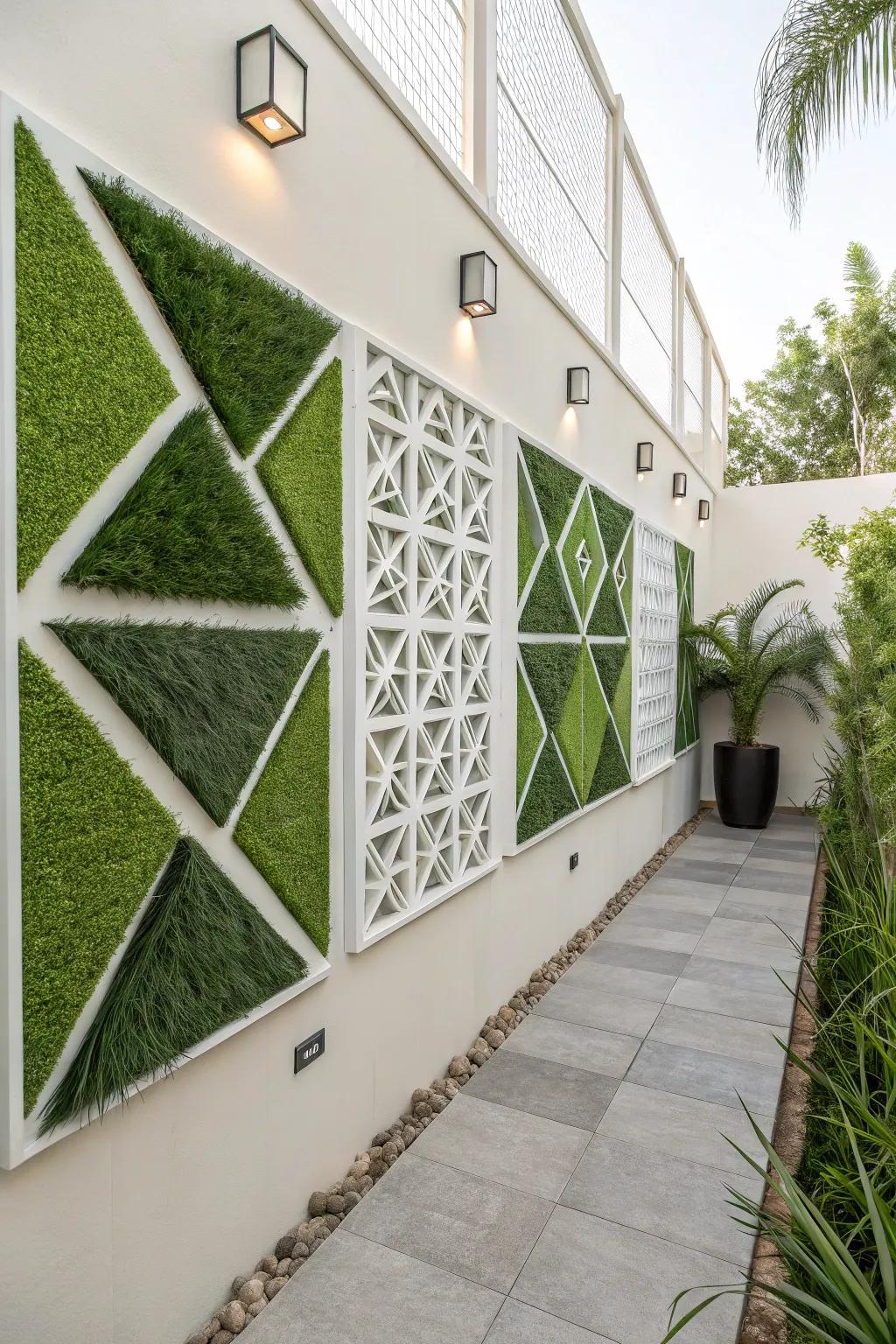 A wall featuring artistic geometric panels of artificial grass for a unique touch.