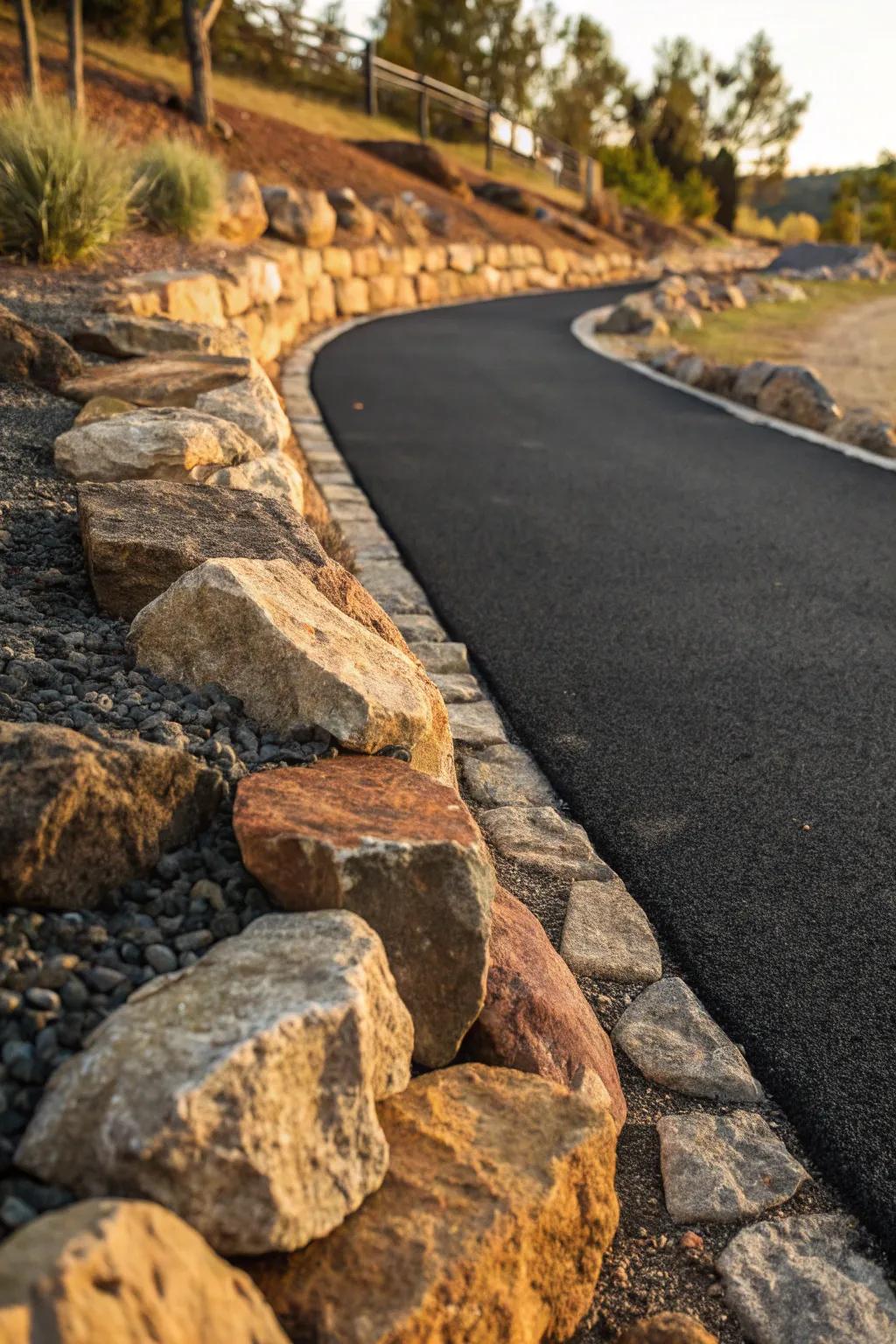 Encounter the flawless fusion of rugged natural stone and sleek asphalt for a standout walkway blueprint.