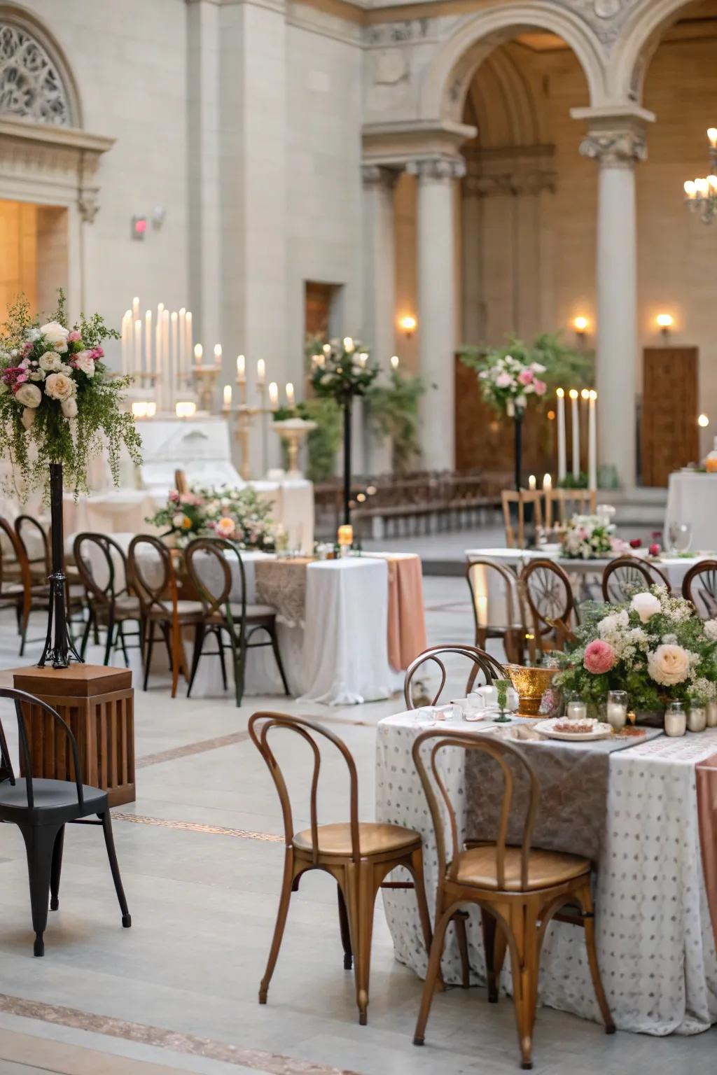 Mixing furniture styles creates a cozy and eclectic wedding atmosphere.
