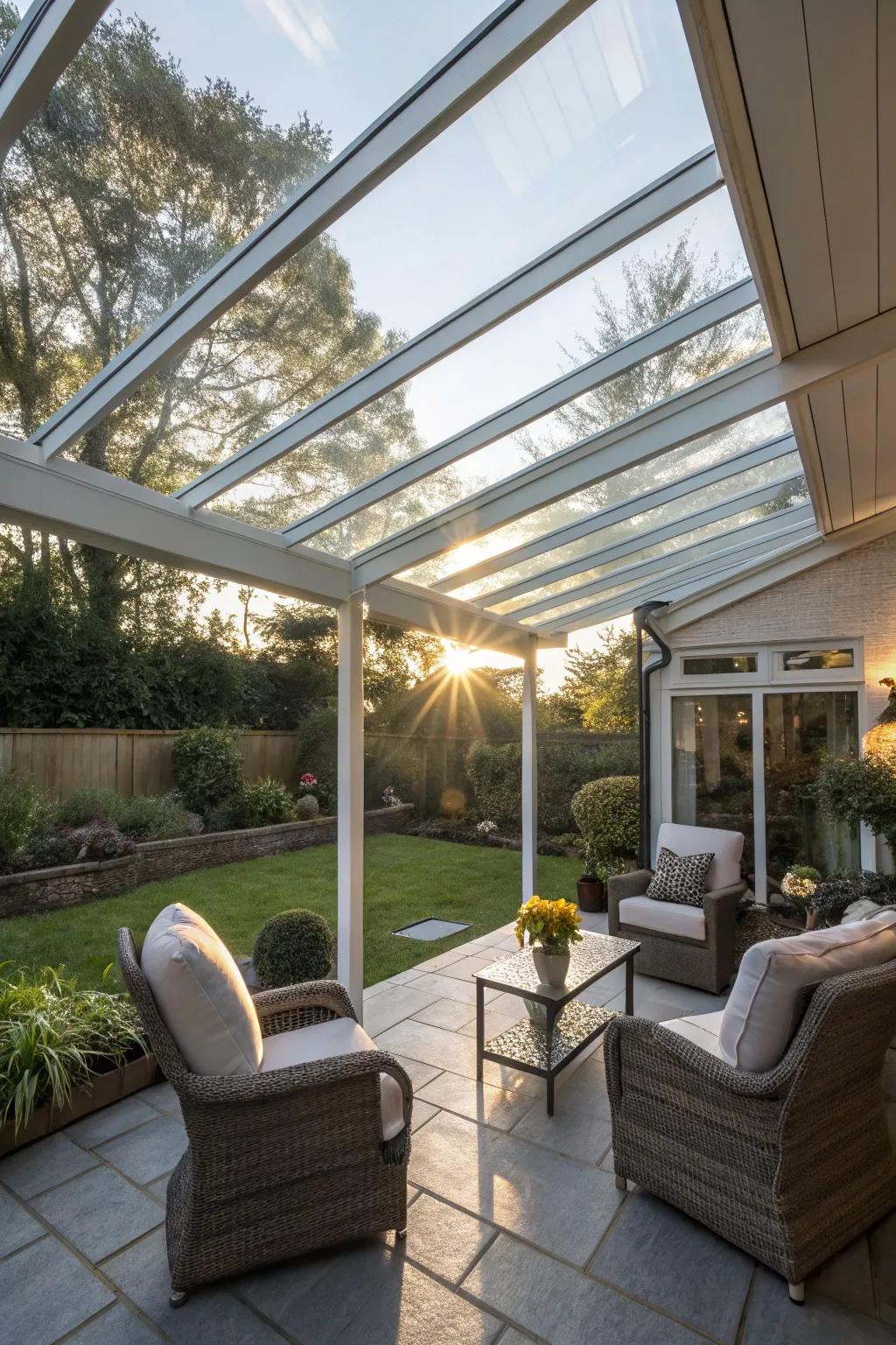 A crystalline roof furnishes chic safeguarding for your patio.