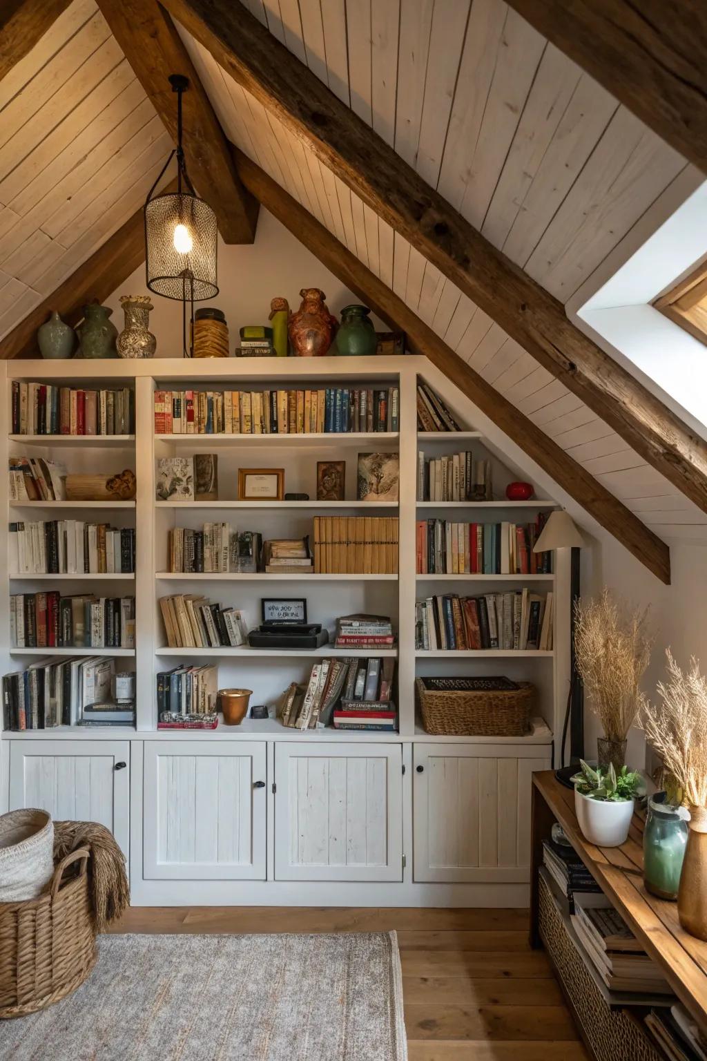 Utilize attic space effectively with built-in bookshelves.