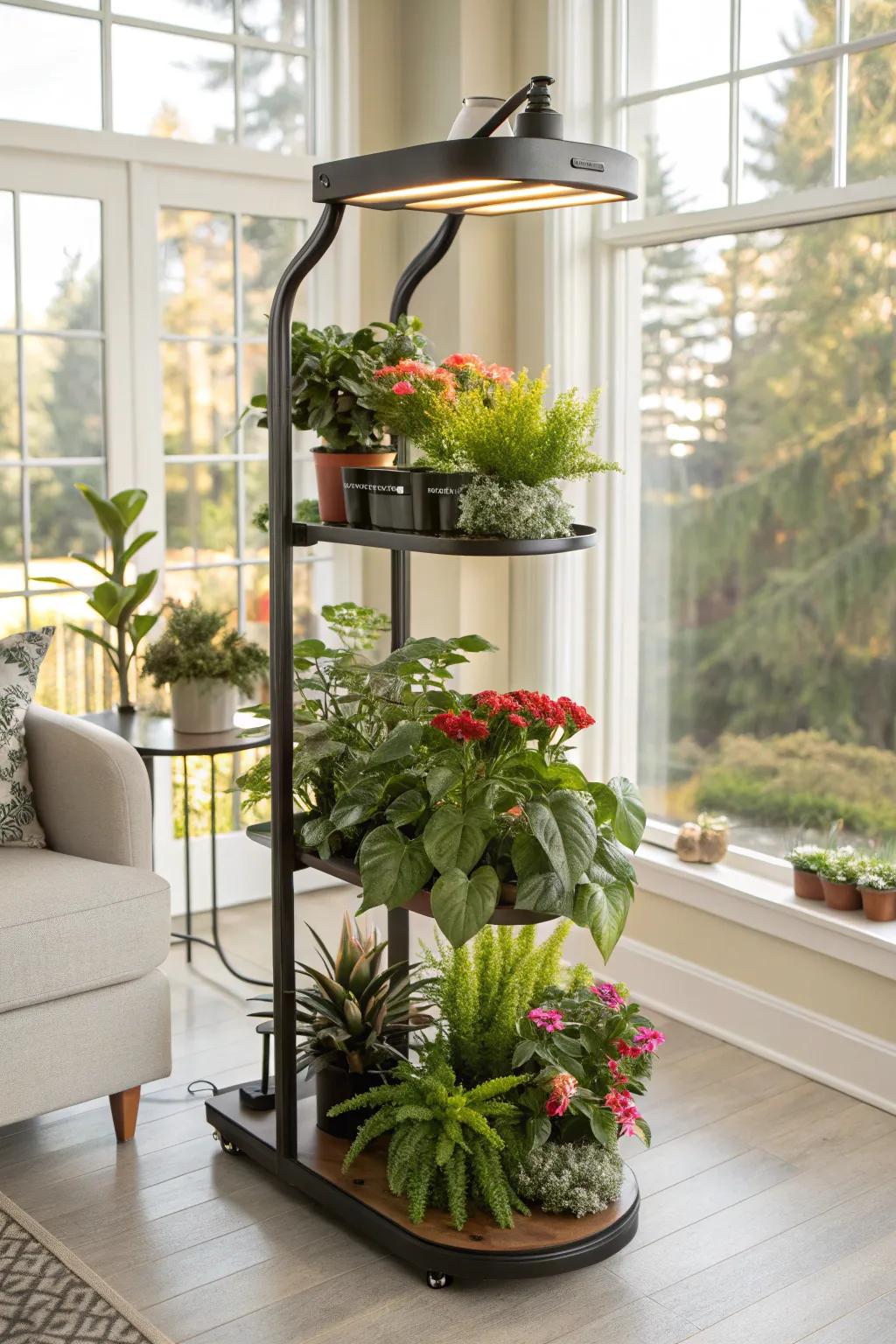 A tiered plant stand with adaptable lights showcasing thriving greenery.
