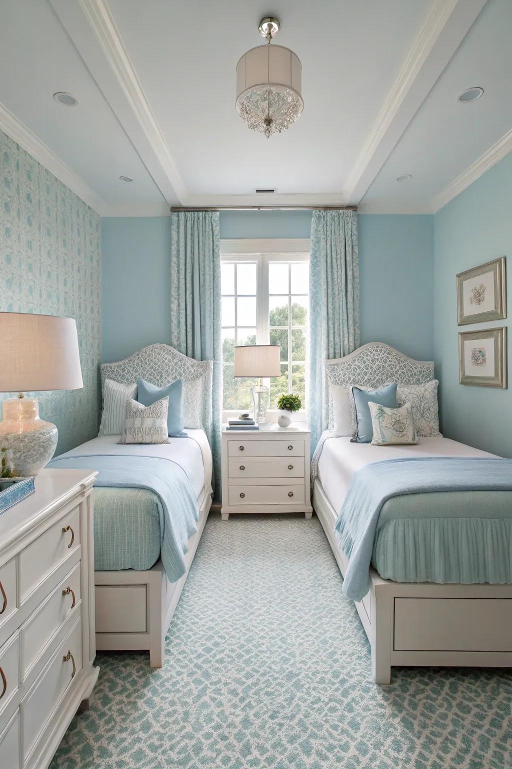 Symmetry and balance establish a harmonious sky blue bedroom.