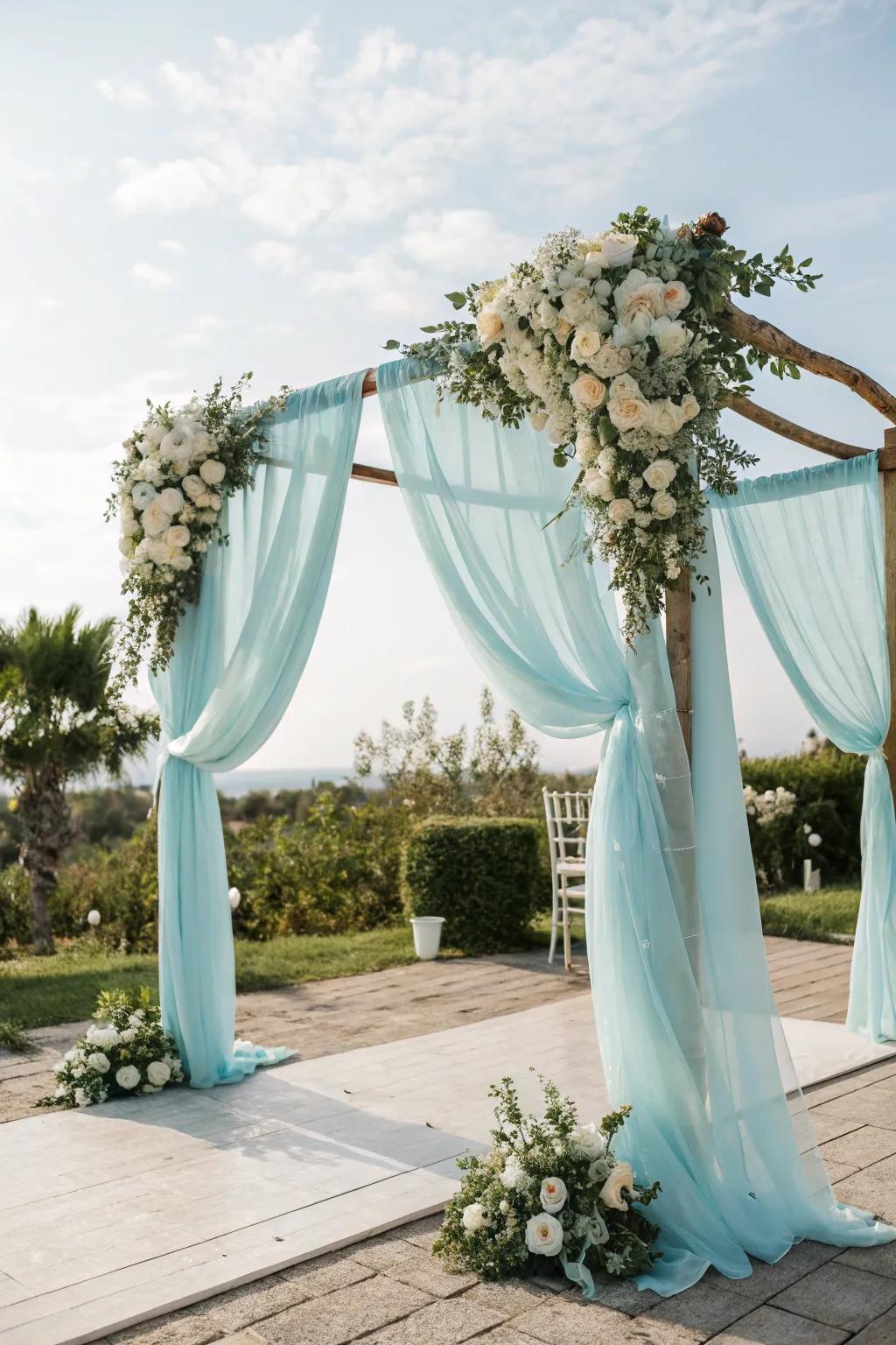 A gentle sky nuptial arch fashions an arresting ceremonial point of interest.