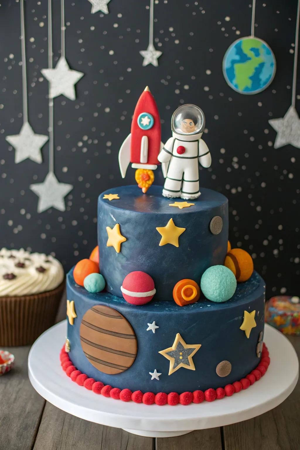 A space-inspired cake prepared for an intergalactic birthday journey.