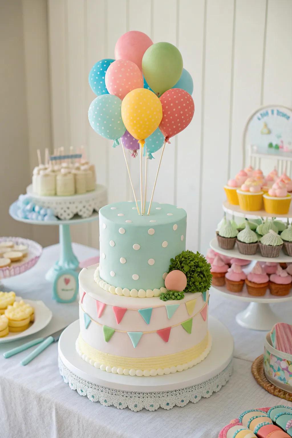 A festive cake featuring balloons for a baby boy shower.