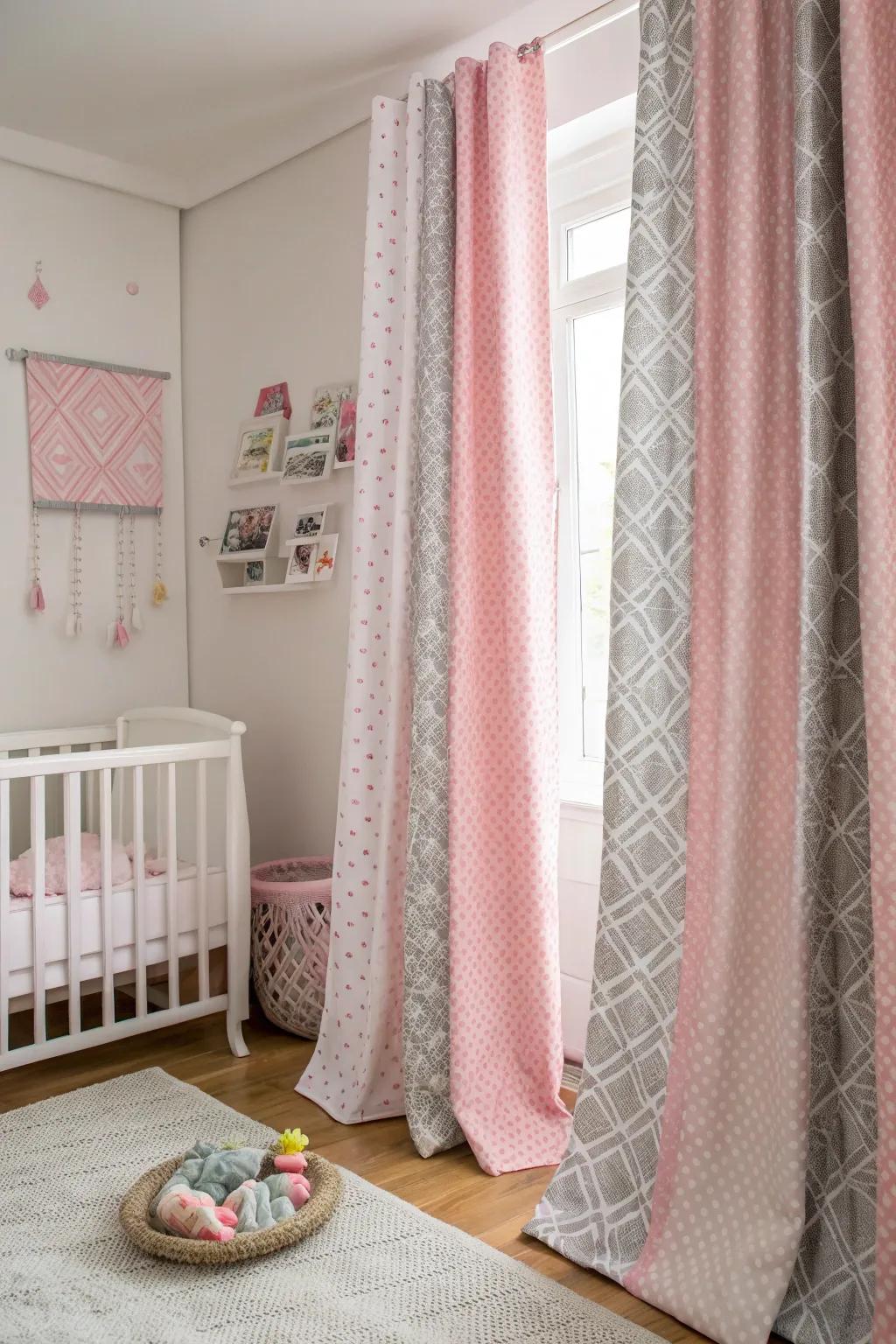 Textured curtains in pink and grey frame the nursery beautifully.