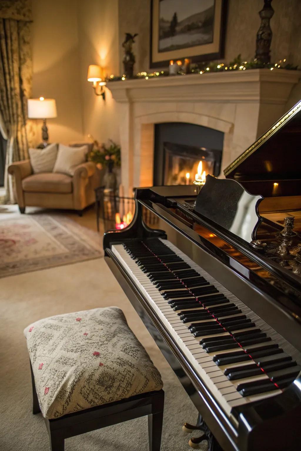 A hearth infuses warmth and allure to the piano setting.