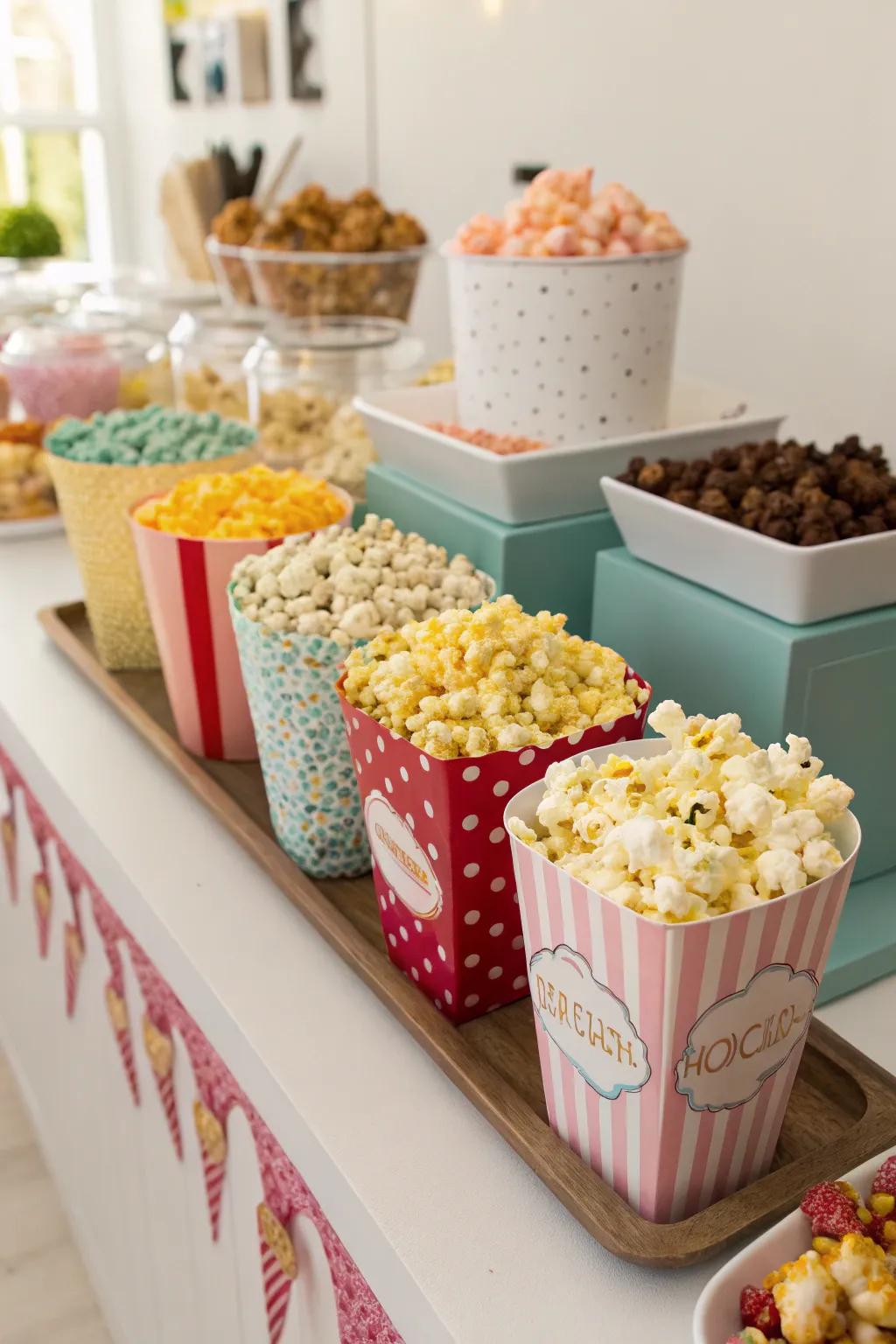 A popped kernel station featuring assorted sweet and savory tastes.